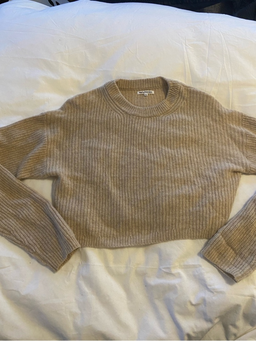 Reformation Wool Cropped Tan Ribbed Sweater